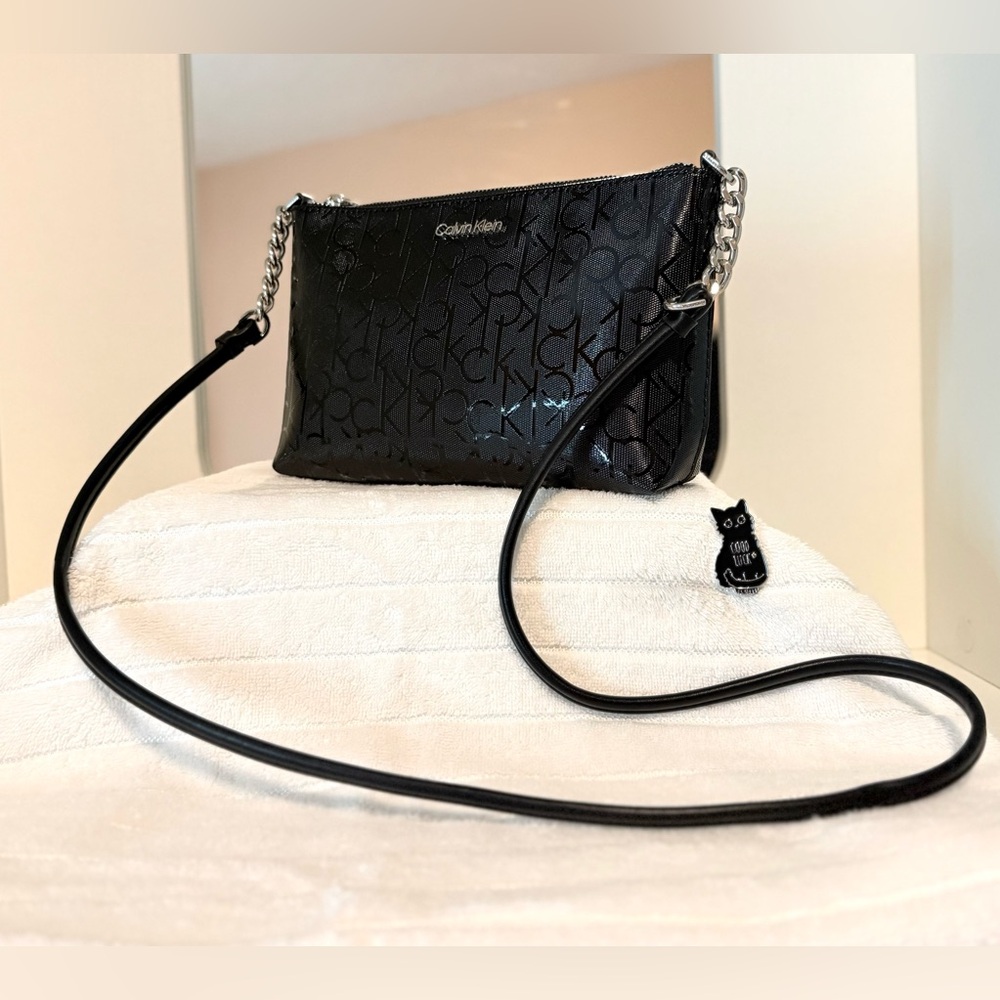 Calvin Klein Hayden Signature Black Embossed Patent Crossbody - NWOT